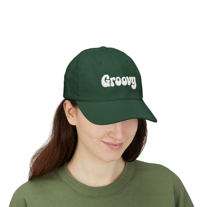 Groovy Classic Dad Hat – Retro Embroidered Hat with 70s Style Font for Funky Vibes, Chill Days, and Vintage Cool. White Letters