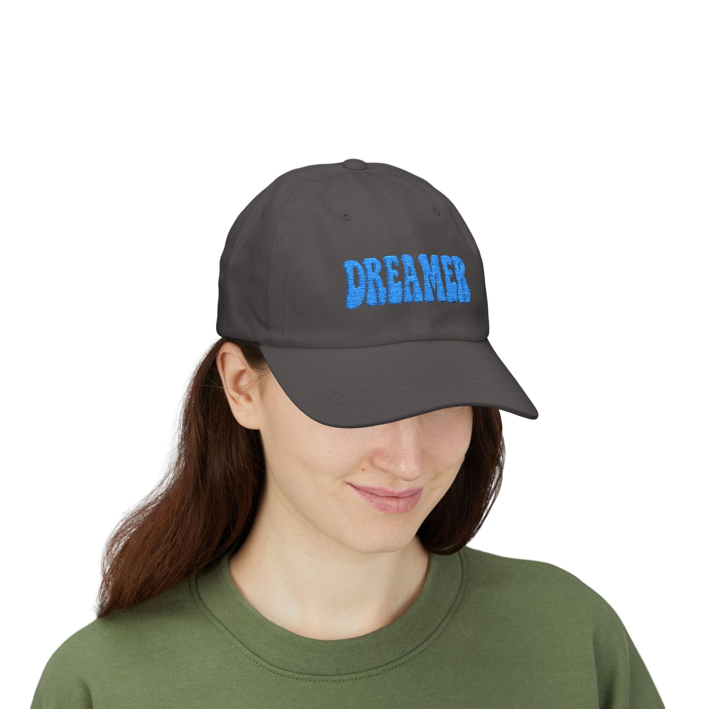 Dreamer Classic Dad Hat – Embroidered Minimalist Script Hat for Visionaries, Creatives, and Chill Daydreamers. Blue Letters