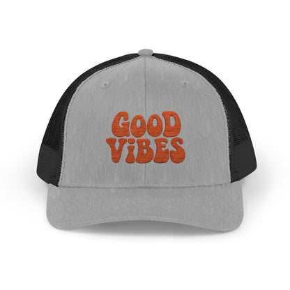 Good Vibes Trucker Hat – Embroidered Retro Text Hat for Positive Vibes, Chill Style, and Everyday Feel-Good Energy. Orange Letters