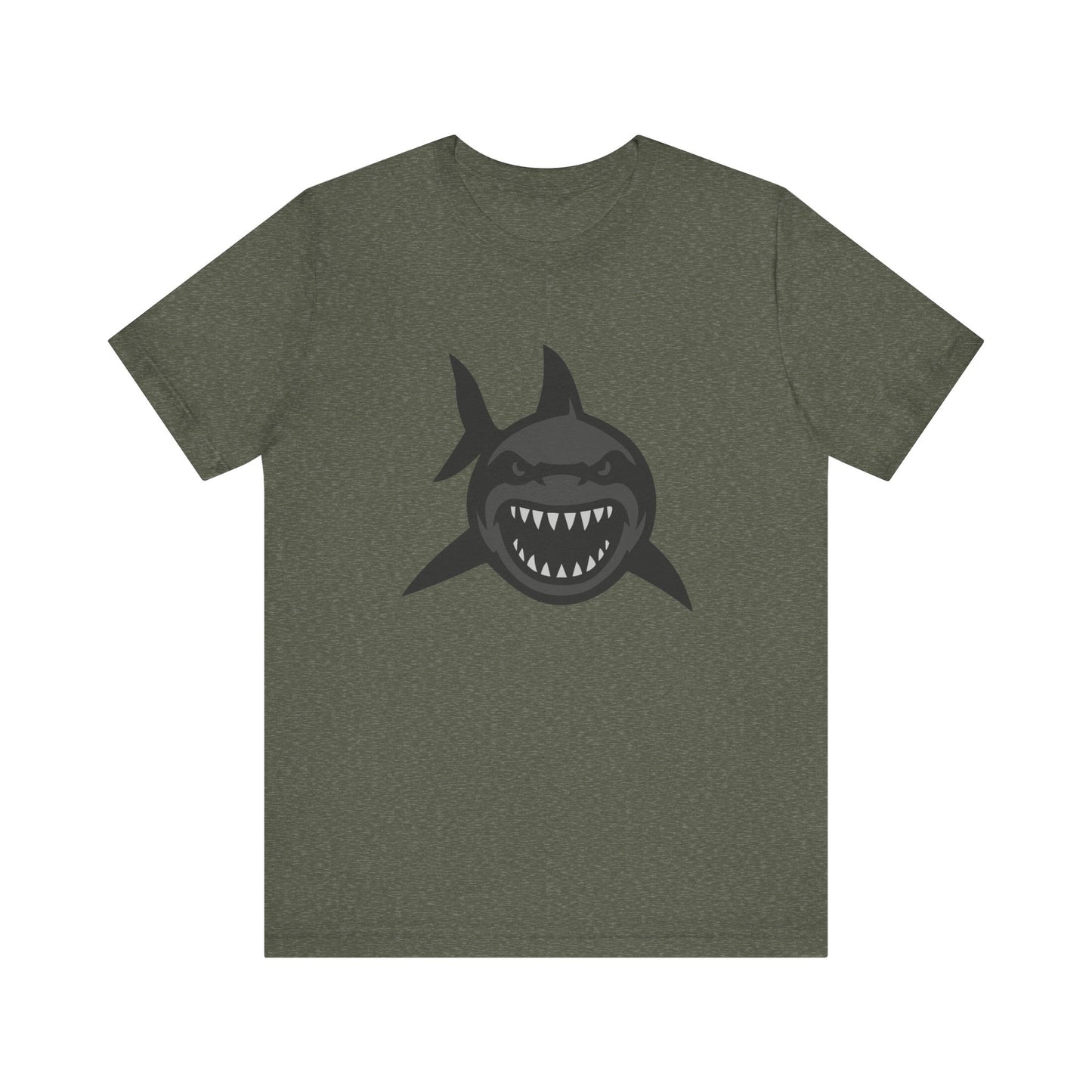 Ferocious Shark Face Graphic Tee with a Bold Bite – Dark Theme Ocean Predator Shirt in Black and Grey. Unisex Jersey Short Sleeve Tee