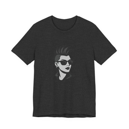 Punk Girl Graphic T-Shirt – Dark Theme Grayscale Spiked Hair Portrait on Black Tee with Bold Energy and Modern Ghost Effect. Unisex Jersey Short Sleeve Tee