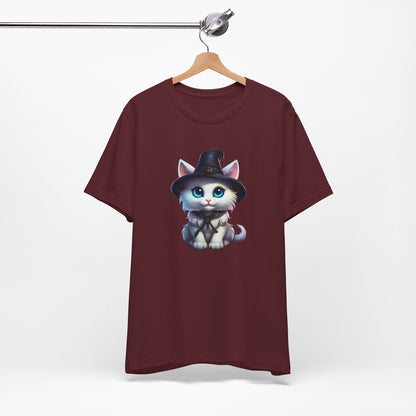 Adorable Witch Cat Halloween Shirt – Cute White Cat in Hat Graphic Tee for Cat Lovers and Halloween Fans