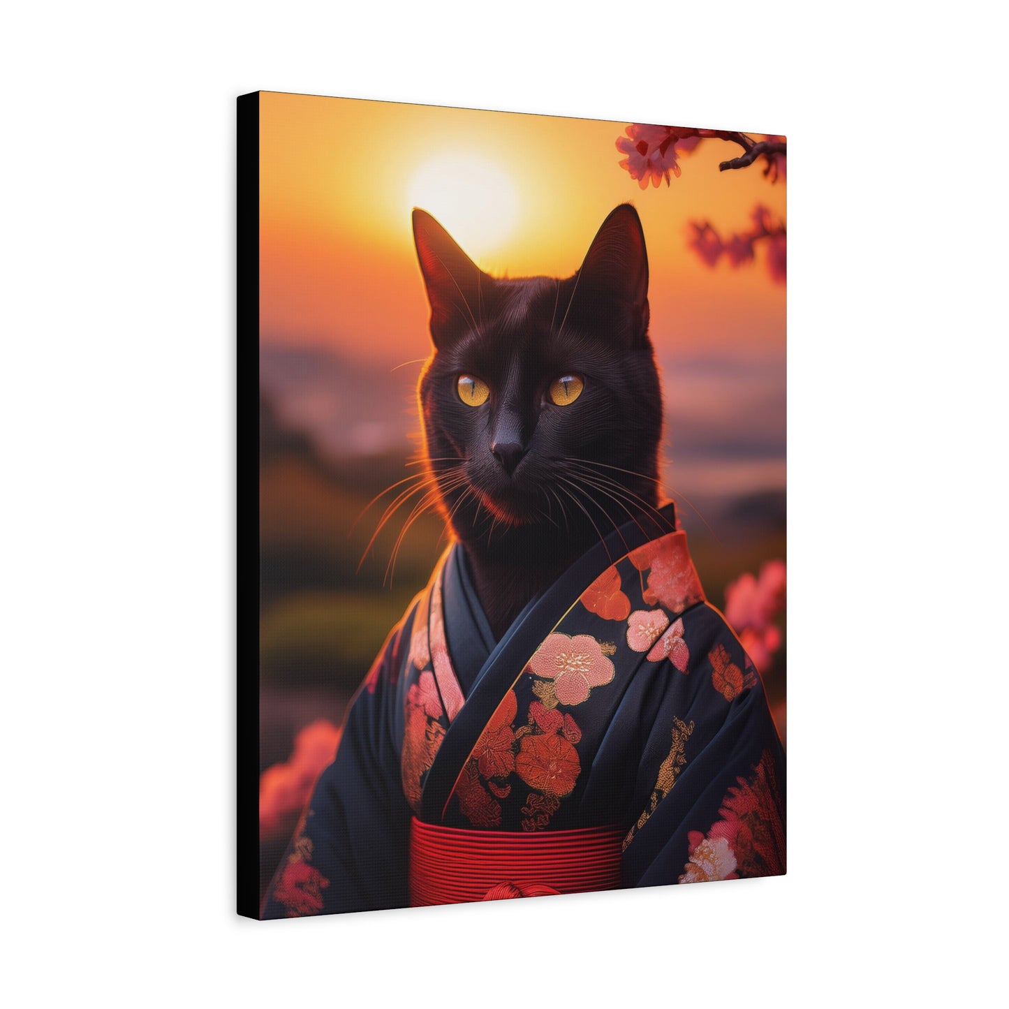 Zen Whiskers: Geisha Cat at Sunset Canvas Art | Stretched Matte Wall Decor 001