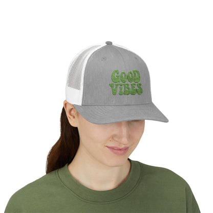 Good Vibes Trucker Hat – Embroidered Retro Text Hat for Positive Vibes, Chill Style, and Everyday Feel-Good Energy. Green Letters
