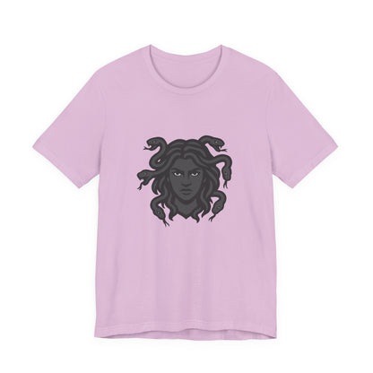 Medusa Graphic T-Shirt – Dark Theme Grayscale Snake-Haired Gorgon Design on Black Tee with Dark Myth Vibe and Modern Ghost Effect. Unisex Jersey Short Sleeve Tee