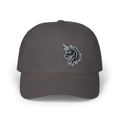 Angry Unicorn Classic Dad Hat – Embroidered Gothic Fantasy Hat with Red Eyes and Fierce Horned Design