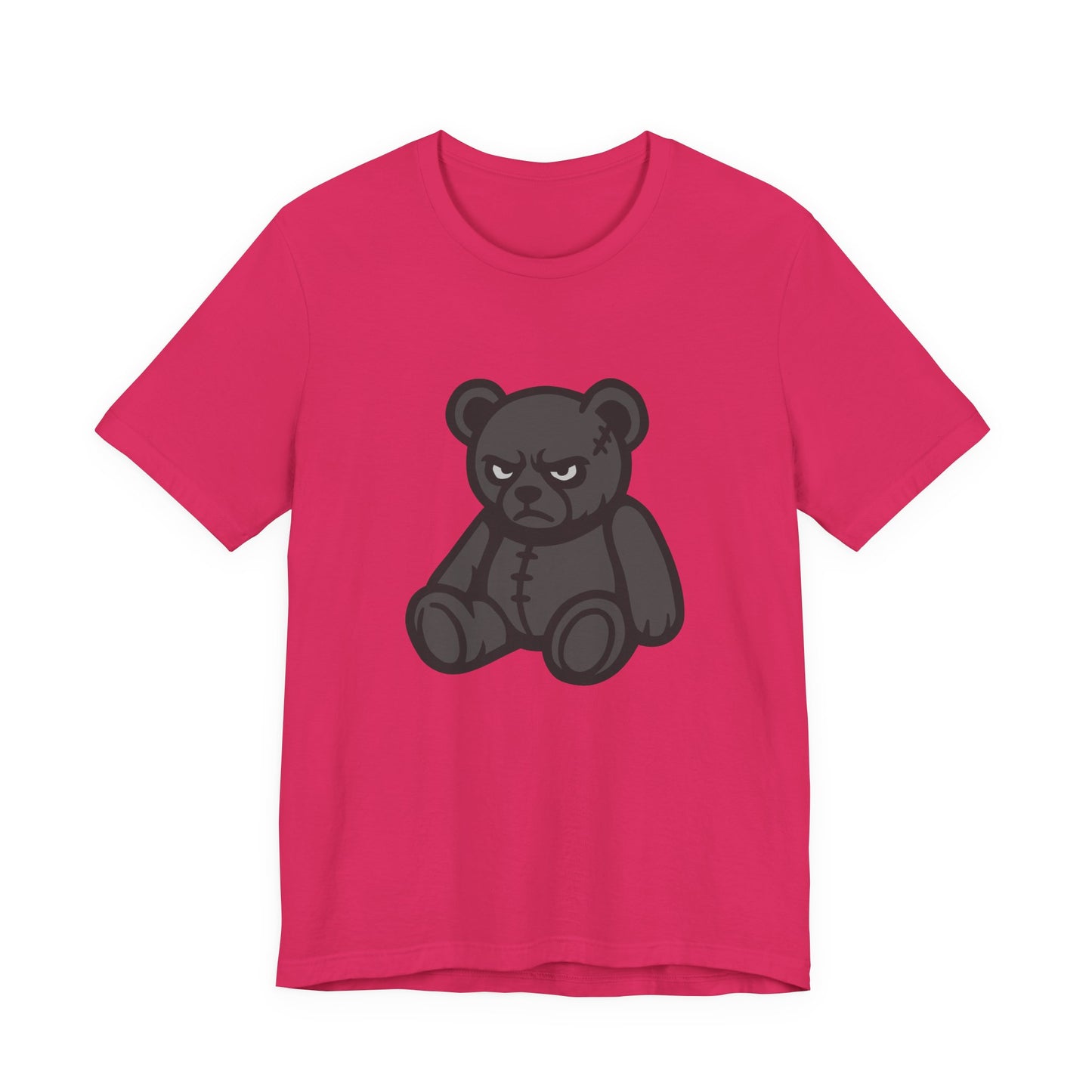 Angry Teddy Bear Graphic T-Shirt – Dark Theme Grayscale Plush with Attitude on Black Tee for Edgy or Ironic Style. Unisex Jersey Short Sleeve Tee
