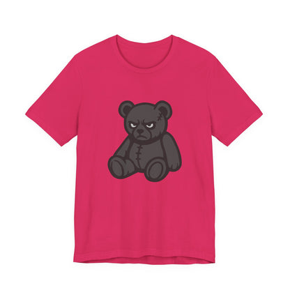Angry Teddy Bear Graphic T-Shirt – Dark Theme Grayscale Plush with Attitude on Black Tee for Edgy or Ironic Style. Unisex Jersey Short Sleeve Tee