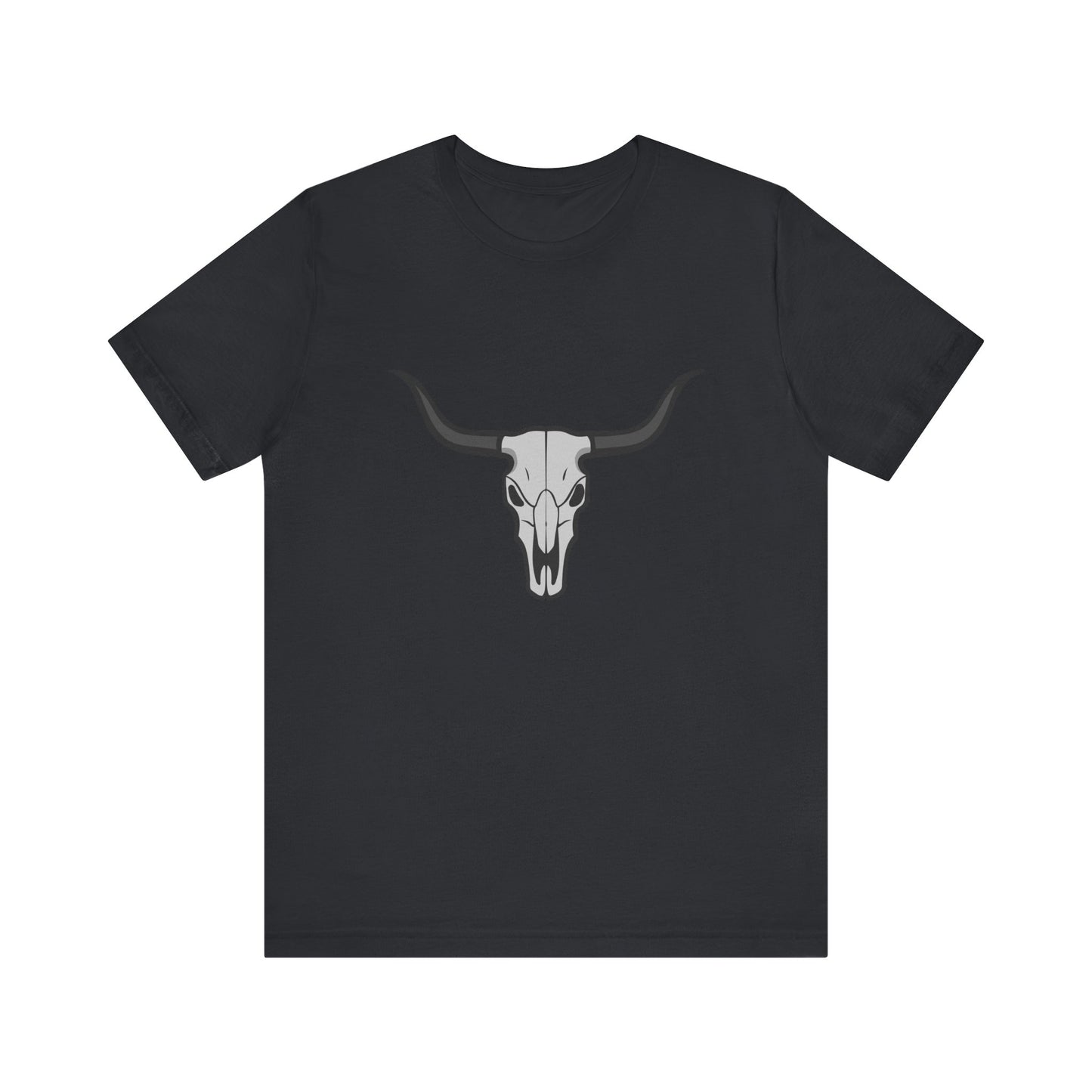 Dark Theme Steer Skull Shirt – Western Cow Skull Graphic in Grey and Black for Desert Gothic Vibes. Unisex Jersey Short Sleeve Tee