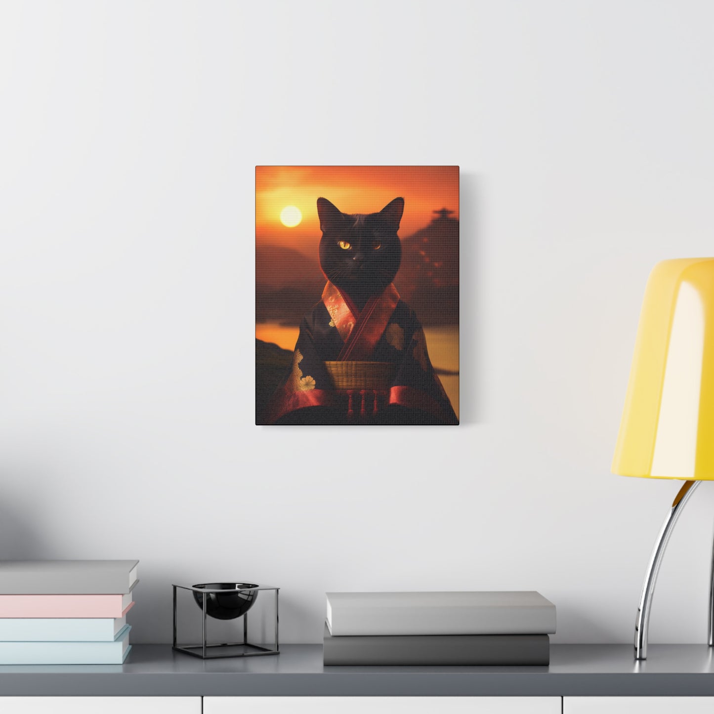 Zen Whiskers: Geisha Cat at Sunset Canvas Art | Stretched Matte Wall Decor 002