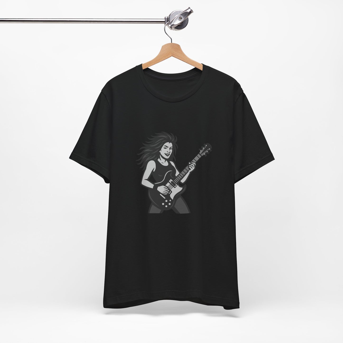 Rock Guitar Girl Graphic T-Shirt – Dark Theme Grayscale Electric Guitarist Design on Black Tee with Music Attitude and Modern Ghost Effect. Unisex Jersey Short Sleeve Tee