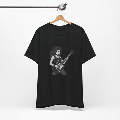 Rock Guitar Girl Graphic T-Shirt – Dark Theme Grayscale Electric Guitarist Design on Black Tee with Music Attitude and Modern Ghost Effect. Unisex Jersey Short Sleeve Tee