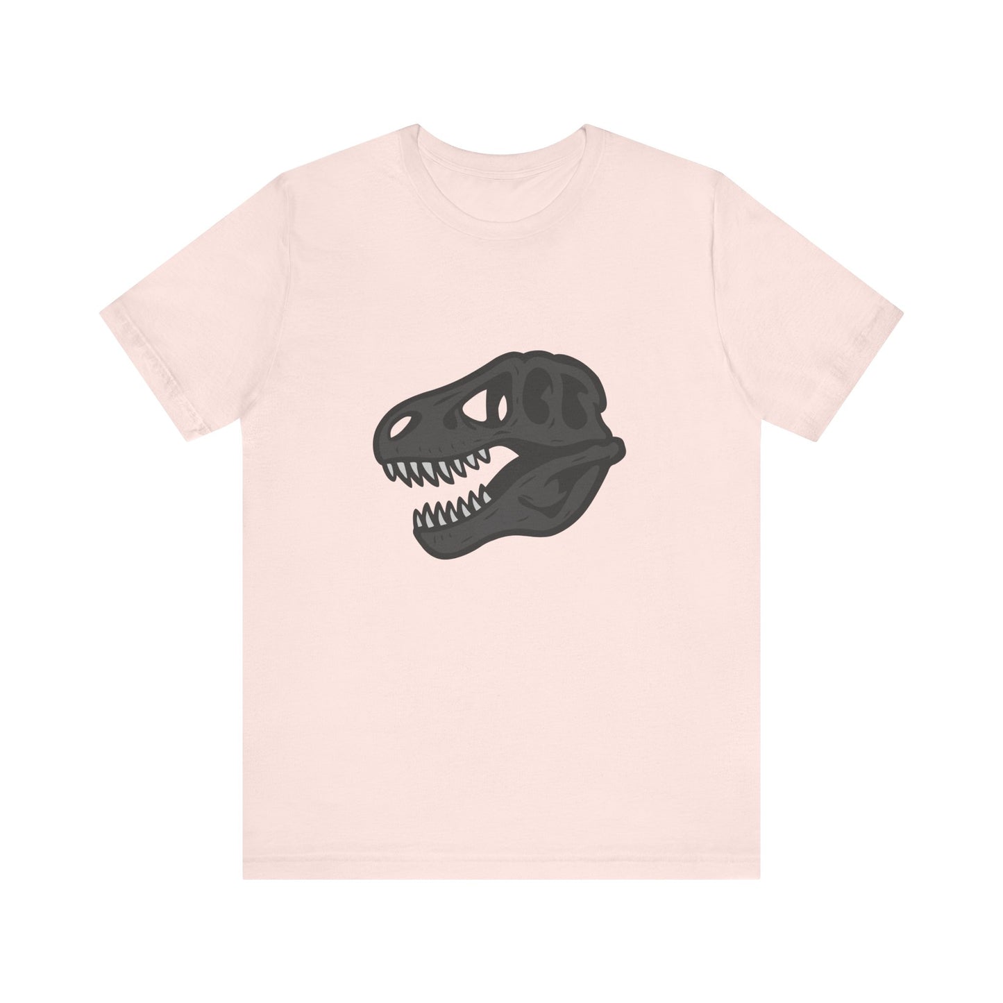 T-Rex Skull Graphic T-Shirt – Dark Theme Grayscale Dinosaur Skeleton Design on Black Tee with Prehistoric Edge and Modern Ghost Effect. Unisex Jersey Short Sleeve Tee
