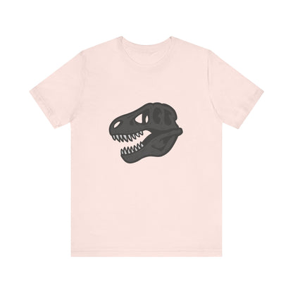 T-Rex Skull Graphic T-Shirt – Dark Theme Grayscale Dinosaur Skeleton Design on Black Tee with Prehistoric Edge and Modern Ghost Effect. Unisex Jersey Short Sleeve Tee