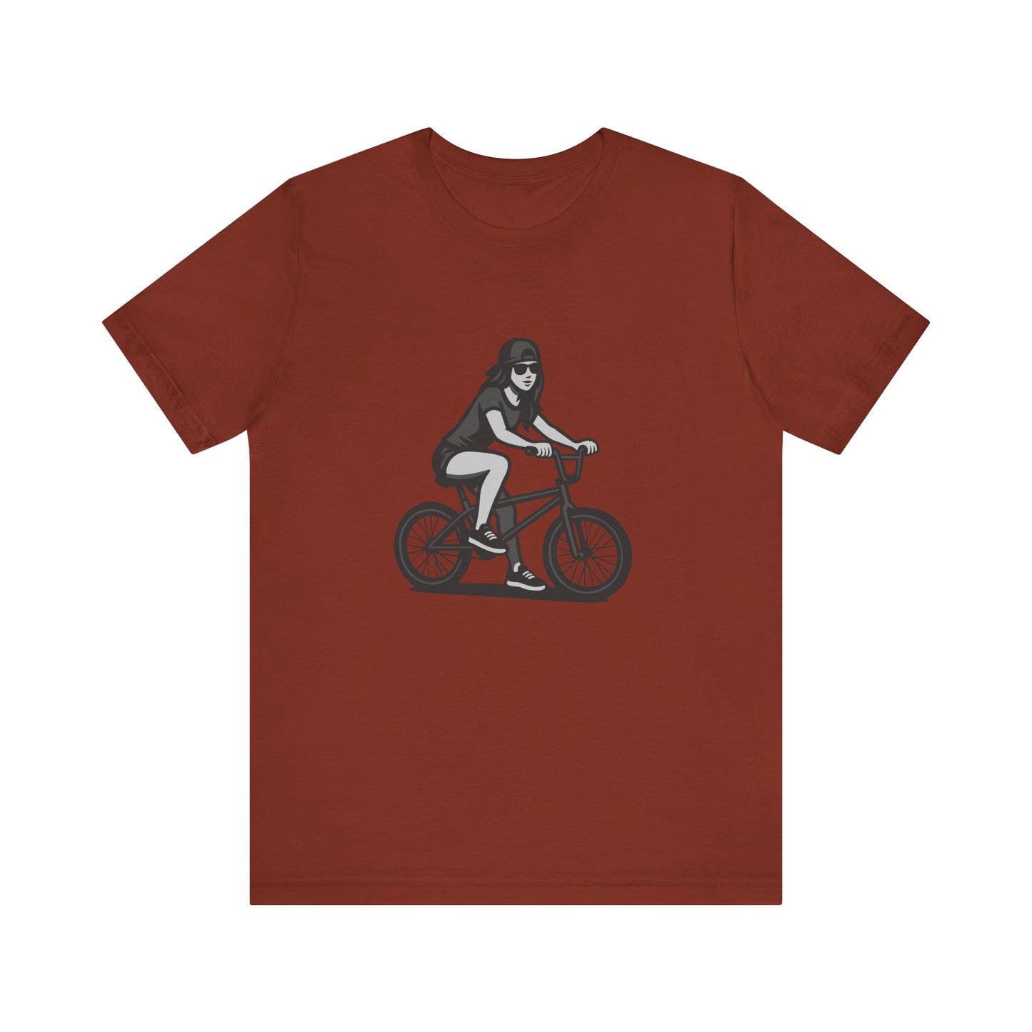 Cool Girl on Bike Graphic T-Shirt – Laid-Back Dark Theme Grayscale Rider Design on Black Tee with Street Style and Subtle Modern Ghost Effect. Unisex Jersey Short Sleeve Tee