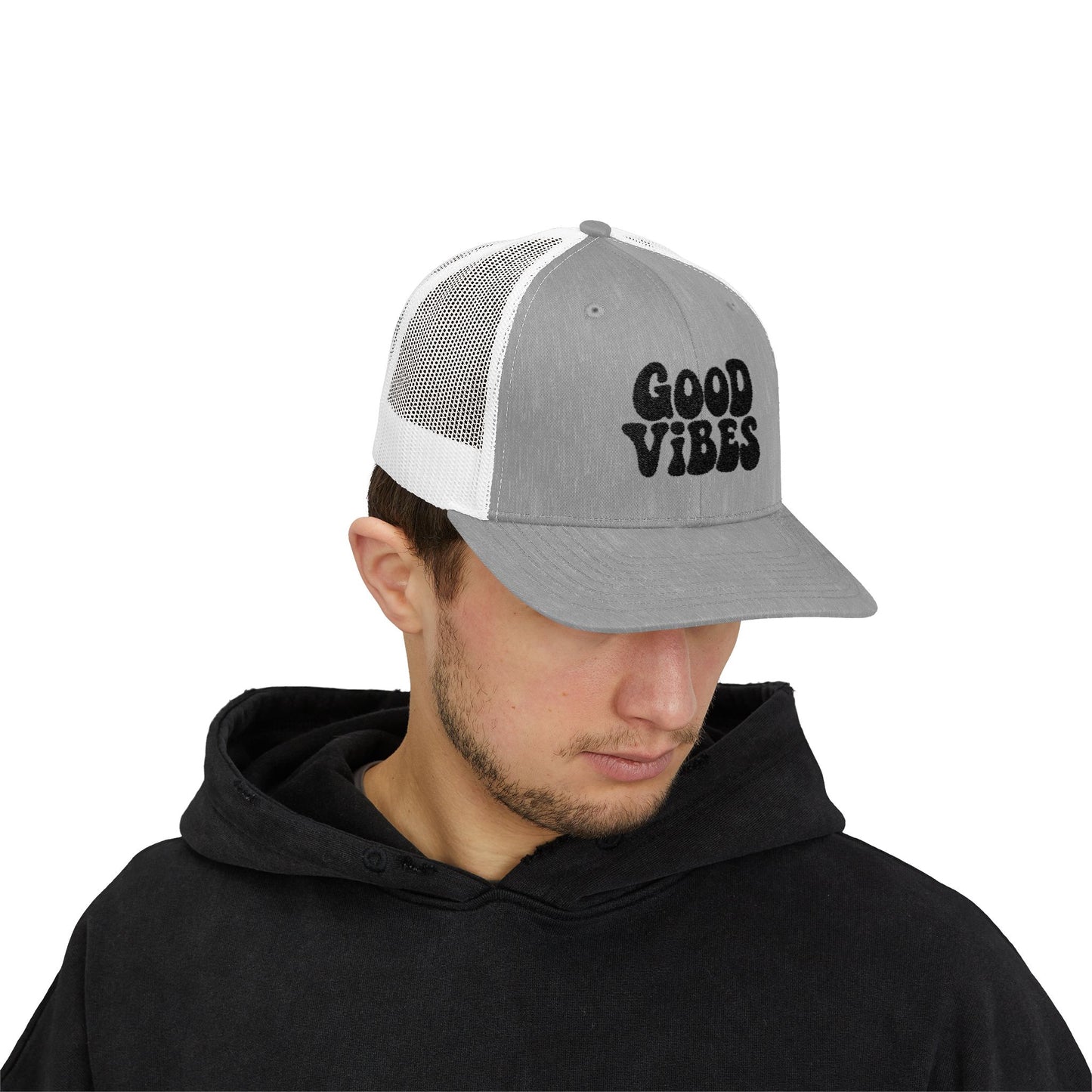 Good Vibes Trucker Hat – Embroidered Retro Text Hat for Positive Vibes, Chill Style, and Everyday Feel-Good Energy. Black Letters