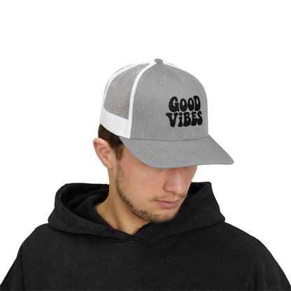 Good Vibes Trucker Hat – Embroidered Retro Text Hat for Positive Vibes, Chill Style, and Everyday Feel-Good Energy. Black Letters