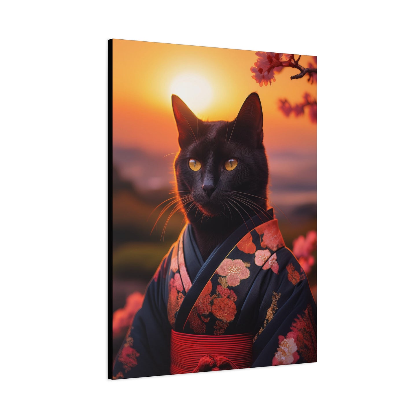 Zen Whiskers: Geisha Cat at Sunset Canvas Art | Stretched Matte Wall Decor 001