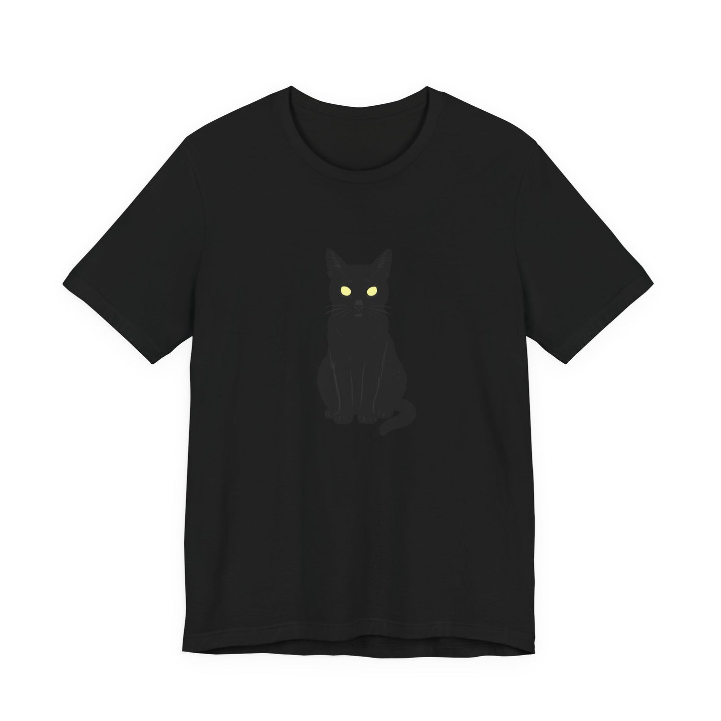 Glowing-Eyed Black Cat Shirt – Dark Theme Feline Stare for Maximum Spook and Minimal Effort. Unisex Jersey Short Sleeve Tee