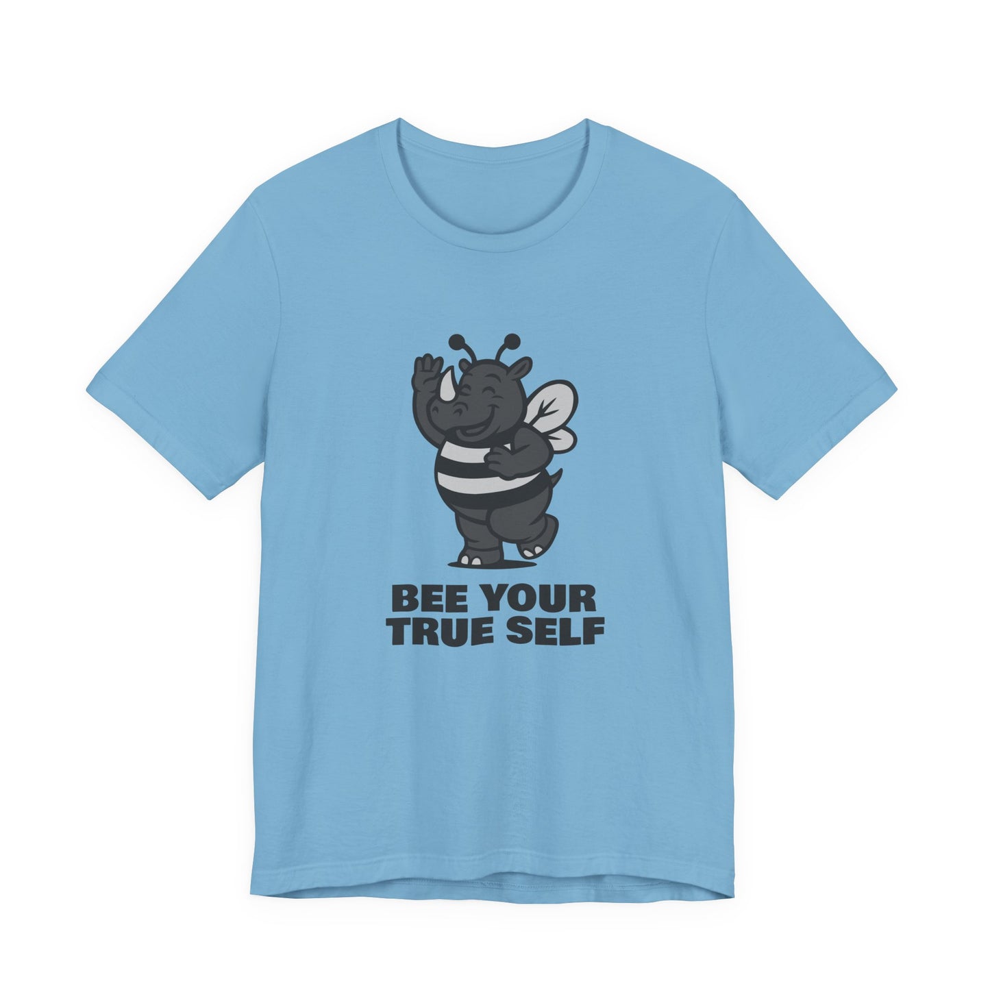 Bee Your True Self T-Shirt – Dark Theme Grayscale Rhino in Bee Costume on Black Tee with Wholesome Humor and Self-Expression Message. Unisex Jersey Short Sleeve Tee