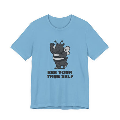 Bee Your True Self T-Shirt – Dark Theme Grayscale Rhino in Bee Costume on Black Tee with Wholesome Humor and Self-Expression Message. Unisex Jersey Short Sleeve Tee