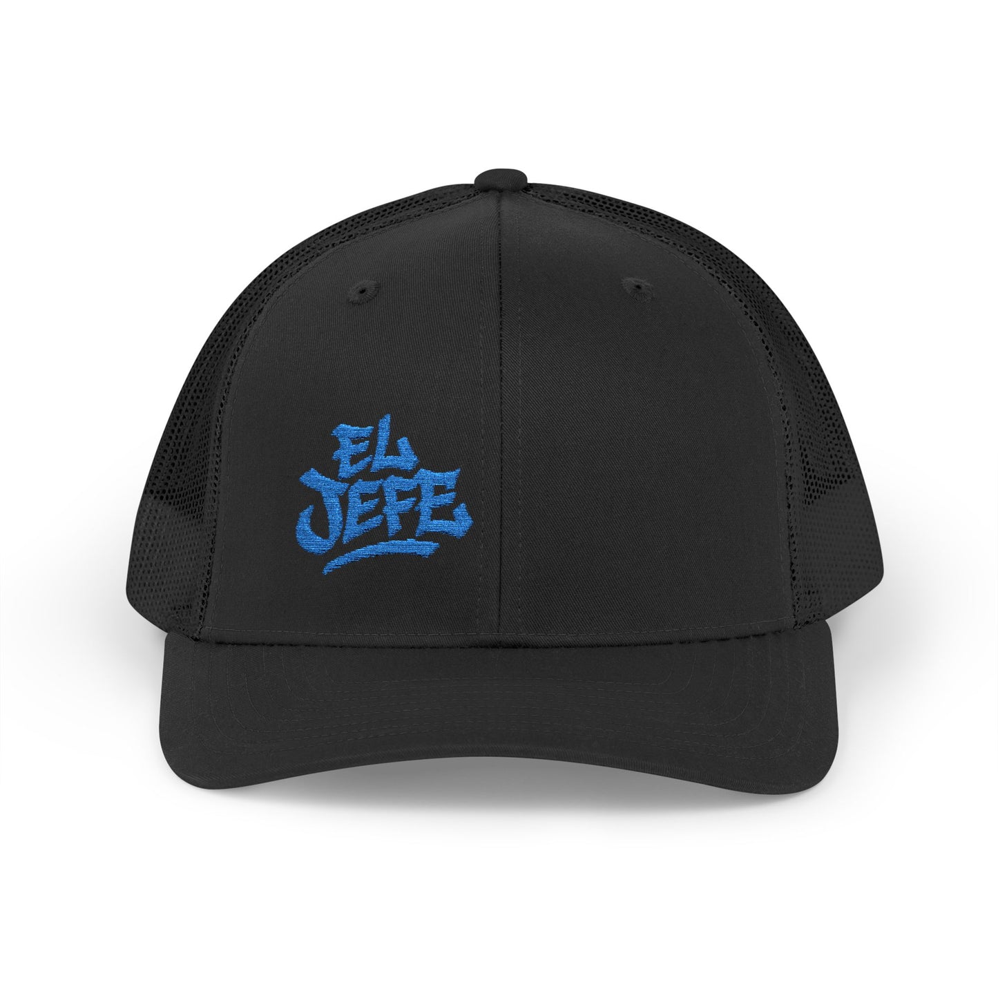 El Jefe Trucker Hat – Embroidered Bold Text Hat for Boss Energy, Leadership Style, and Latin Flair. Blue Letters
