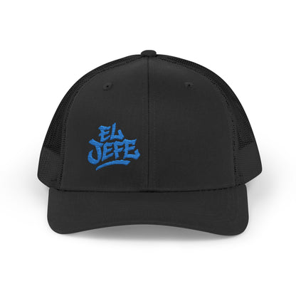 El Jefe Trucker Hat – Embroidered Bold Text Hat for Boss Energy, Leadership Style, and Latin Flair. Blue Letters