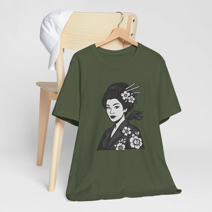 Floral Geisha Graphic Tee Dark Theme – Elegant Vector Portrait with Modern Ghost Effect