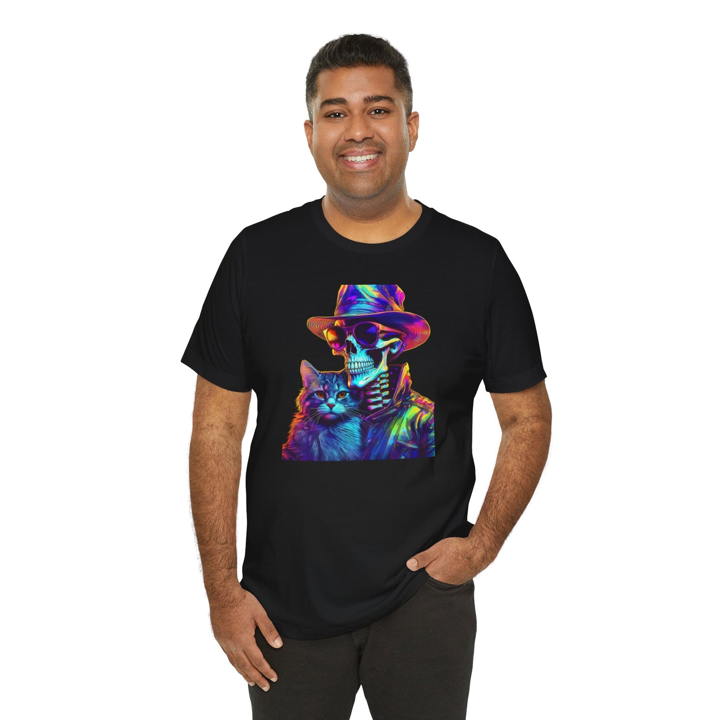 Cool Skeleton and Cat Halloween Shirt – Neon Retro Horror Graphic Tee for Spooky Style and Cat Lovers