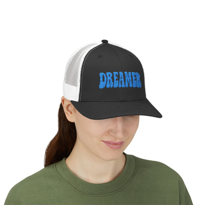 Dreamer Trucker Hat – Embroidered Minimalist Script Hat for Visionaries, Creatives, and Chill Daydreamers. Blue Letters