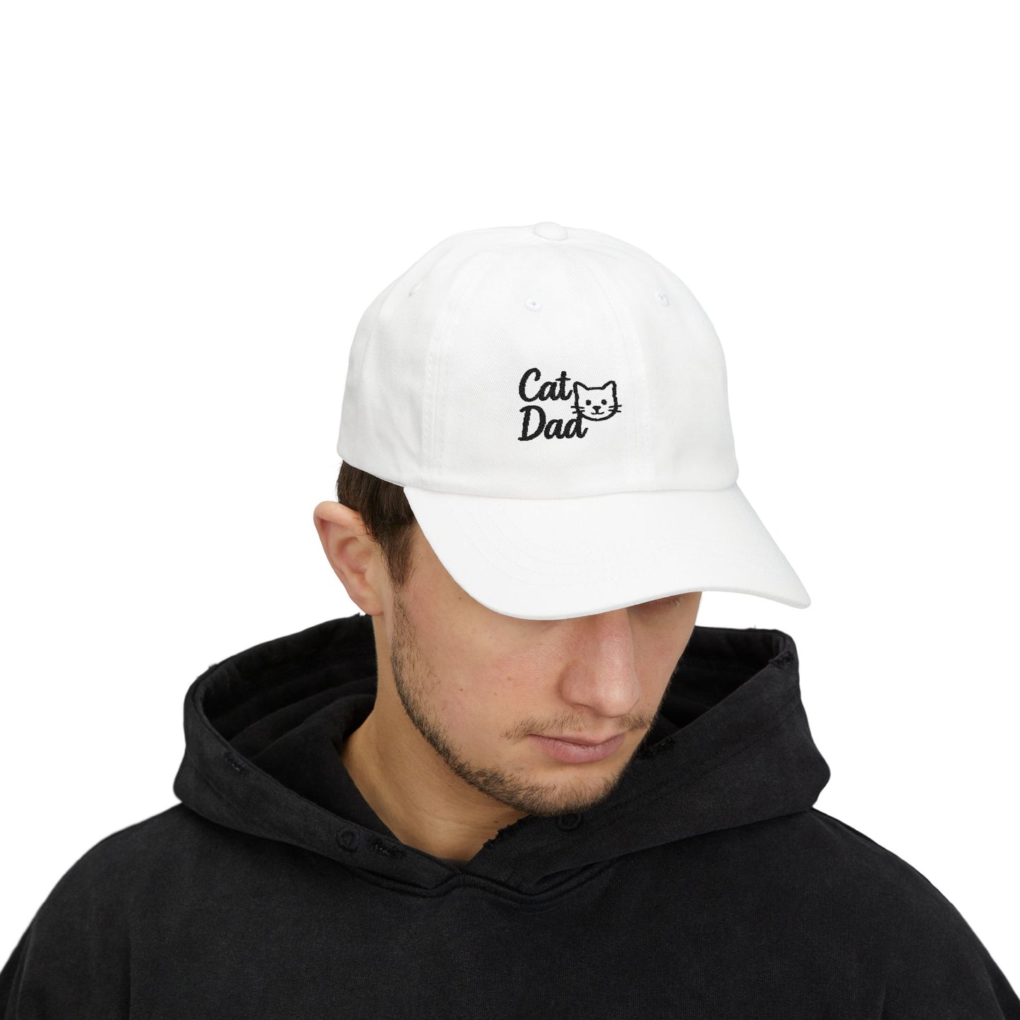 Cat Dad Classic Dad Hat – Embroidered Minimalist Cat Face Hat for Proud Pet Dads and Feline Fans. Black letters