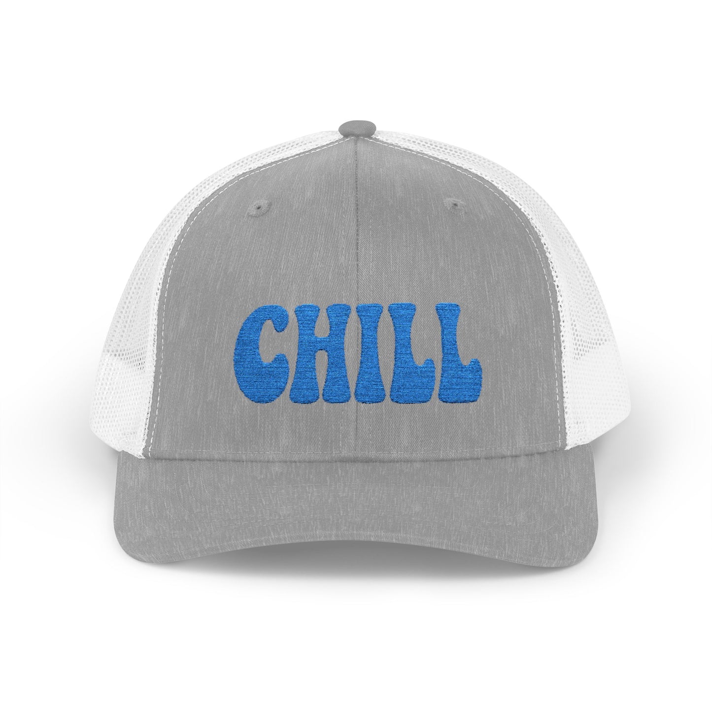 Chill Trucker Hat – Embroidered Relaxed Script Hat for Easygoing Vibes and Everyday Cool. Blue Letters