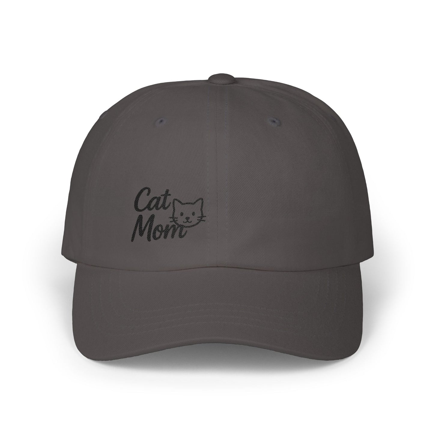 Cat Mom Classic Dad Hat – Embroidered Minimalist Cat Face Hat for Feline-Loving Women with Style. Black Letters