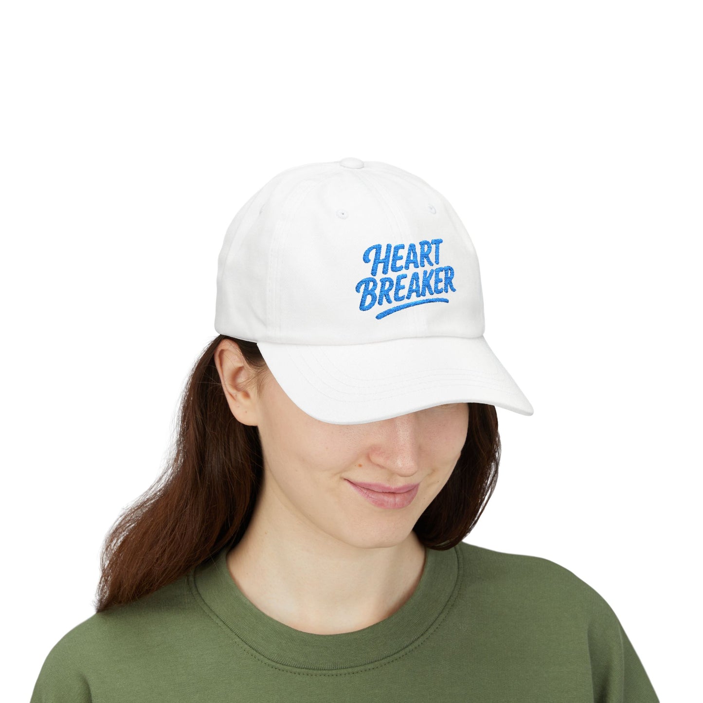 Heartbreaker Embroidered Classic Dad Hat – Bold Baseball Hat with Retro Script and Broken Heart Design for Confident Rule-Breakers. Blue Letters