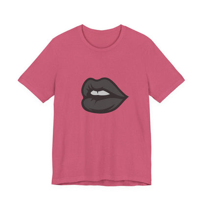 Dark Lips Graphic T-Shirt – Dark Theme Grayscale Biting Lip Design on Black Tee with Subtle Seduction and Modern Ghost Effect. Unisex Jersey Short Sleeve Tee