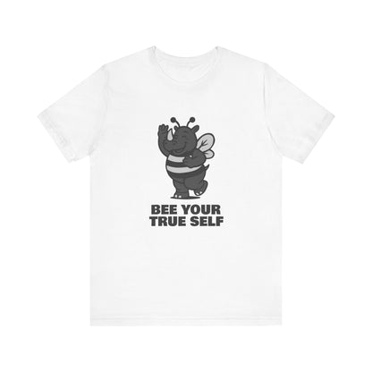Bee Your True Self T-Shirt – Dark Theme Grayscale Rhino in Bee Costume on Black Tee with Wholesome Humor and Self-Expression Message. Unisex Jersey Short Sleeve Tee