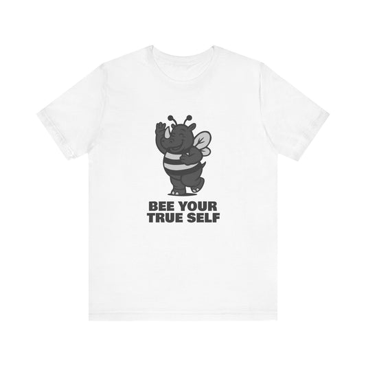 Bee Your True Self T-Shirt – Dark Theme Grayscale Rhino in Bee Costume on Black Tee with Wholesome Humor and Self-Expression Message. Unisex Jersey Short Sleeve Tee
