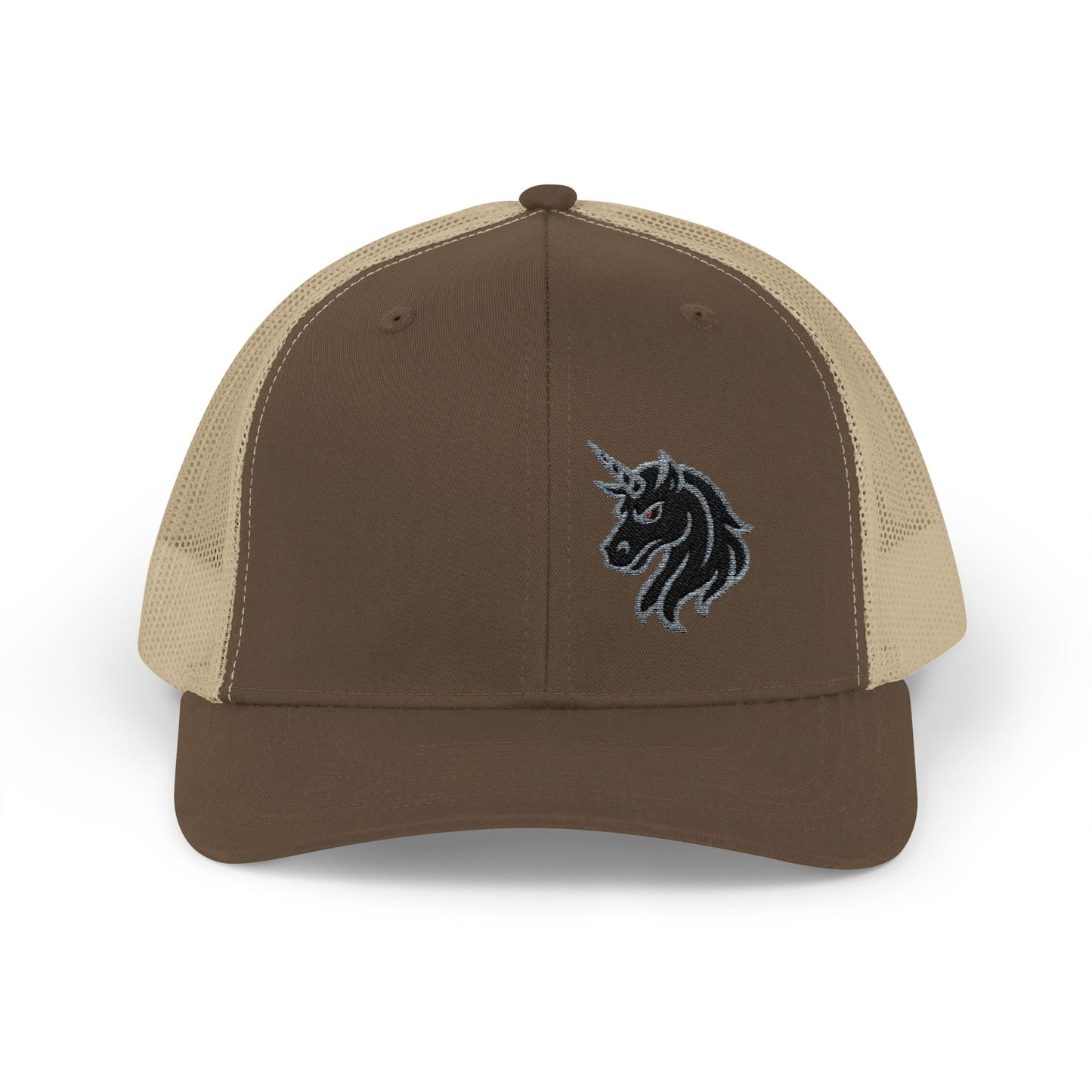 Angry Unicorn Trucker Hat – Embroidered Gothic Fantasy Hat with Red Eyes and Fierce Horned Design