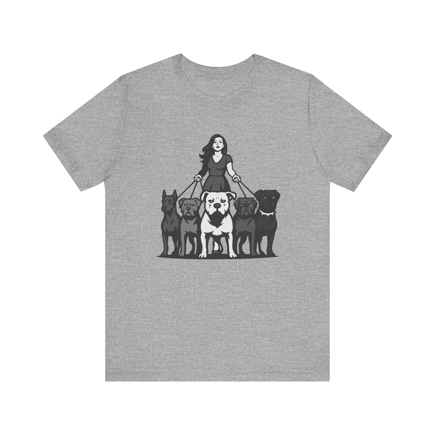Alpha Woman with Dog Pack Graphic Tee Dark Theme – Confident Dog Walker Vector Design