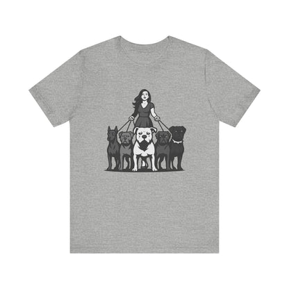 Alpha Woman with Dog Pack Graphic Tee Dark Theme – Confident Dog Walker Vector Design