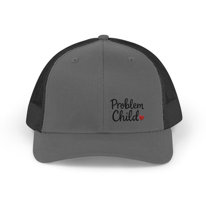 Problem Child Trucker Hat – Bold Script Hat with Red Heart for the Unruly and Unapologetic.