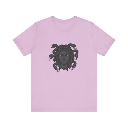 Medusa Graphic T-Shirt – Dark Theme Grayscale Snake-Haired Gorgon Design on Black Tee with Dark Myth Vibe and Modern Ghost Effect. Unisex Jersey Short Sleeve Tee