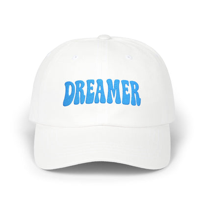 Dreamer Classic Dad Hat – Embroidered Minimalist Script Hat for Visionaries, Creatives, and Chill Daydreamers. Blue Letters