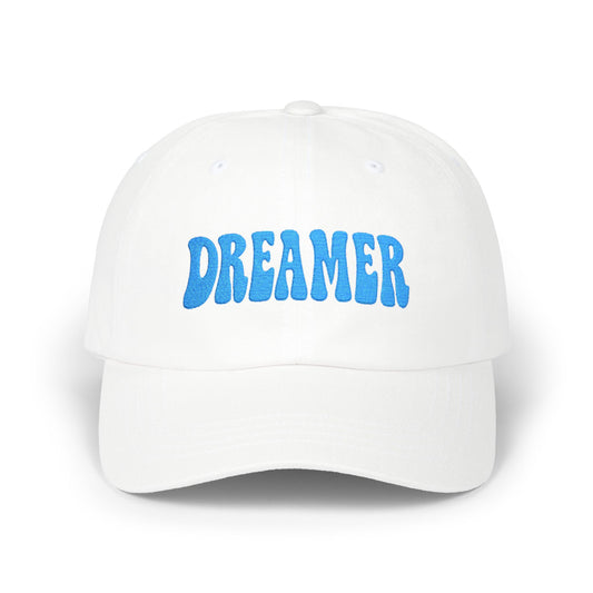 Dreamer Classic Dad Hat – Embroidered Minimalist Script Hat for Visionaries, Creatives, and Chill Daydreamers. Blue Letters