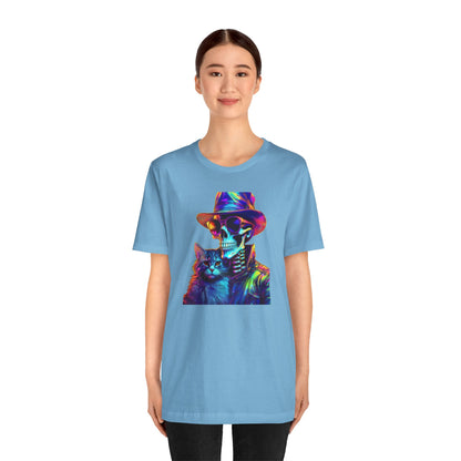 Cool Skeleton and Cat Halloween Shirt – Neon Retro Horror Graphic Tee for Spooky Style and Cat Lovers