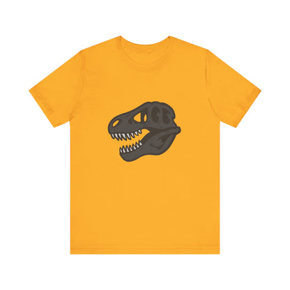 T-Rex Skull Graphic T-Shirt – Dark Theme Grayscale Dinosaur Skeleton Design on Black Tee with Prehistoric Edge and Modern Ghost Effect. Unisex Jersey Short Sleeve Tee