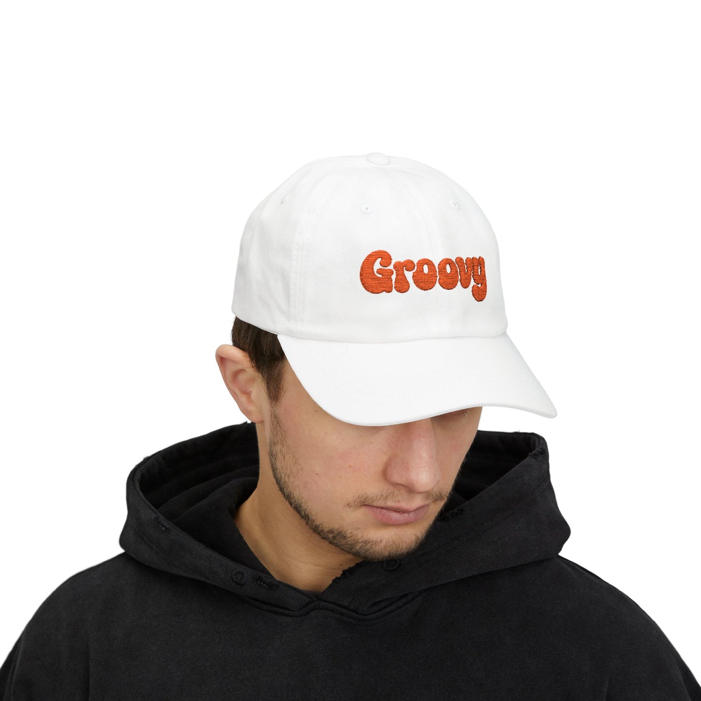 Groovy Classic Dad Hat – Retro Embroidered Hat with 70s Style Font for Funky Vibes, Chill Days, and Vintage Cool. Orange Letters