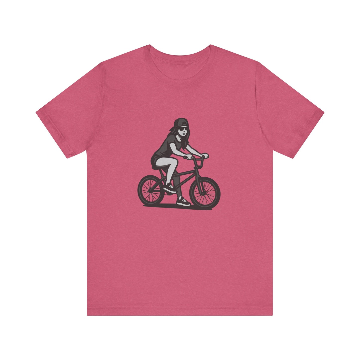Cool Girl on Bike Graphic T-Shirt – Laid-Back Dark Theme Grayscale Rider Design on Black Tee with Street Style and Subtle Modern Ghost Effect. Unisex Jersey Short Sleeve Tee