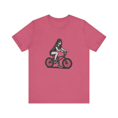 Cool Girl on Bike Graphic T-Shirt – Laid-Back Dark Theme Grayscale Rider Design on Black Tee with Street Style and Subtle Modern Ghost Effect. Unisex Jersey Short Sleeve Tee