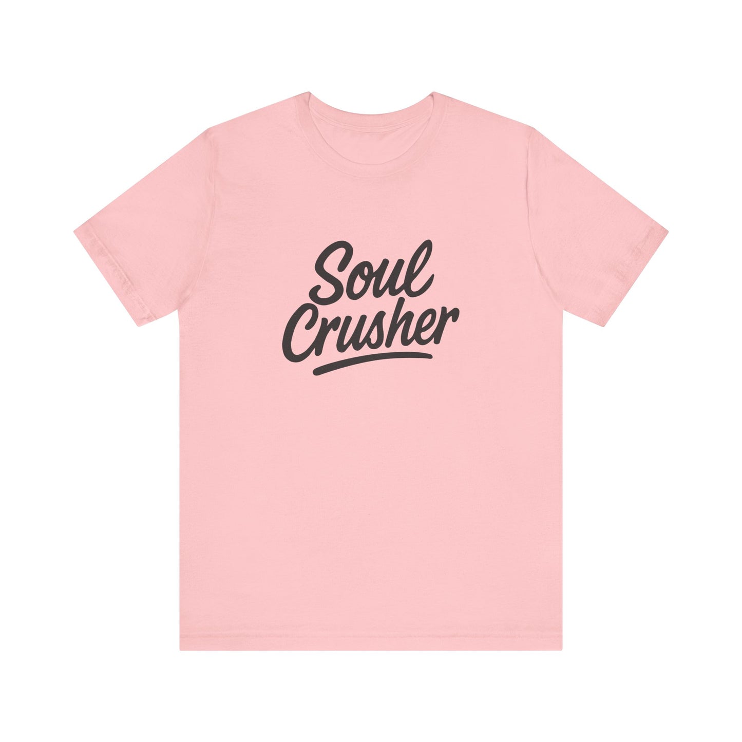 Soul Crusher Text T-Shirt – Dark Theme Grayscale Script Typography on Black Tee with Dark Energy and Modern Ghost Effect. Unisex Jersey Short Sleeve Tee
